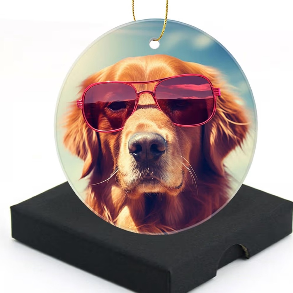 Stylish golden retriever Dog Ornament with Red Sunglasses